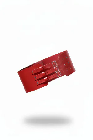 Red Faux Leather Corset Belt with Triple Silver Buckles and Stud Details Waist Cincher