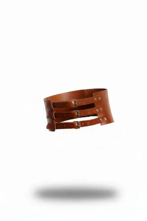 Tan Faux Leather Corset Waist Harness Belt with Three Buckle Straps