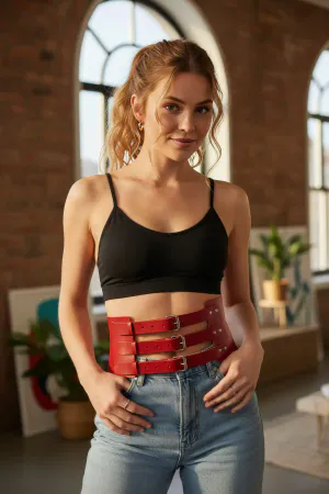 Red Women's Belt Thick Three-Buckle Waist Accessory - APFT624