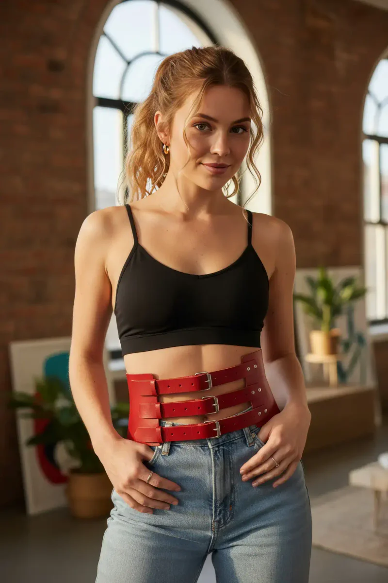 Red Women's Belt Thick Three-Buckle Waist Accessory - APFT624
