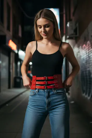 Red Women's Belt Thick Three-Buckle Waist Accessory - APFT624
