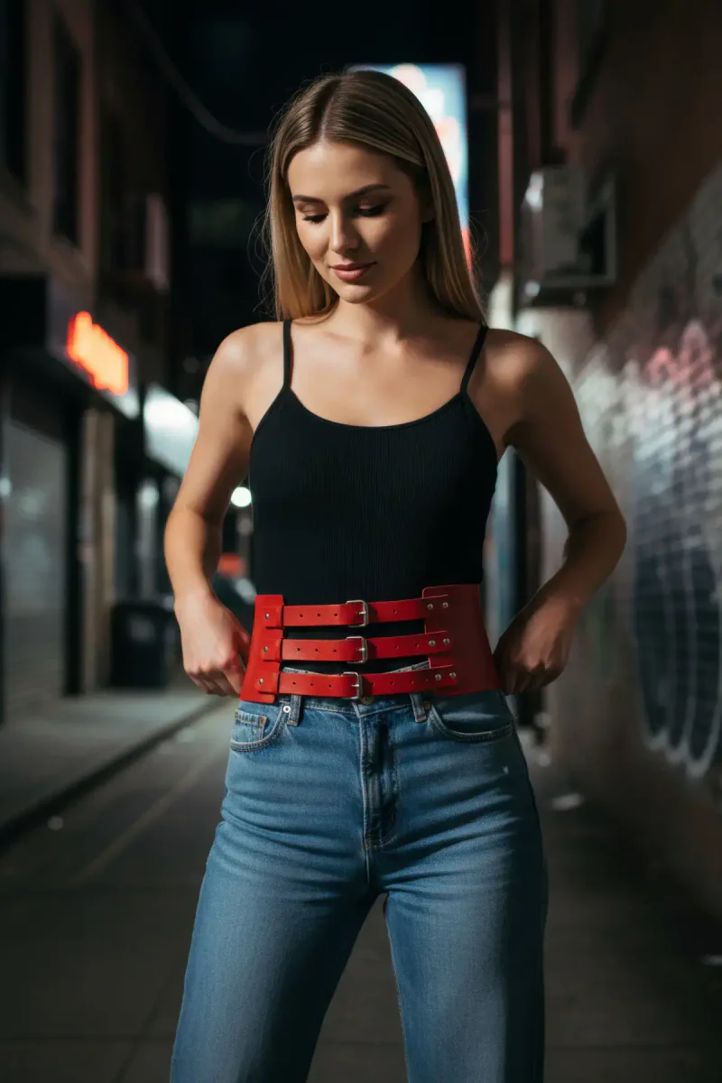 Red Women's Belt Thick Three-Buckle Waist Accessory - APFT624