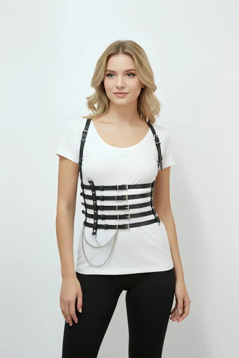 Black Women's Belt Chain Detailed Multi-Strap Corset Waist Accessory - APFT626