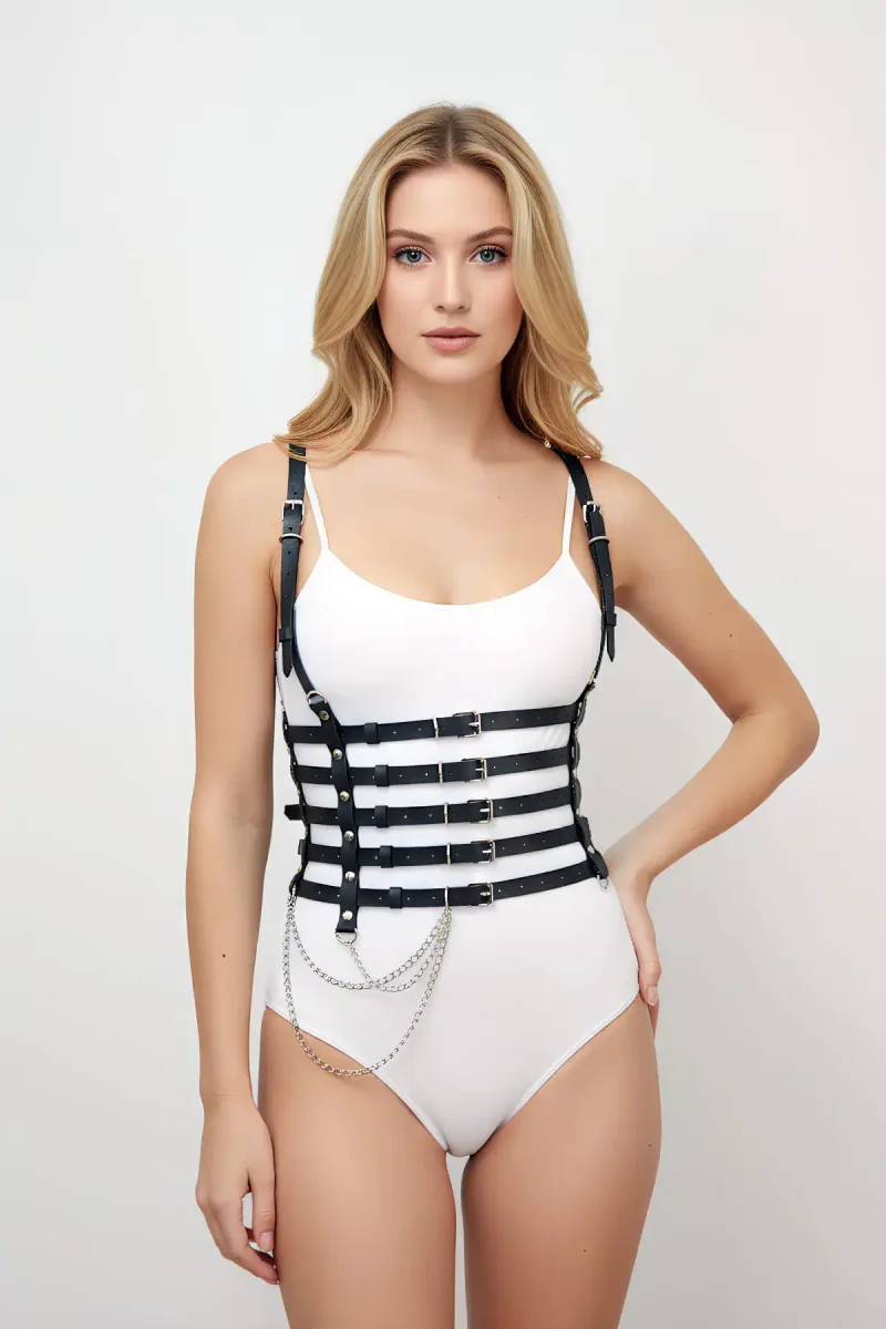 Black Women's Belt Chain Detailed Multi-Strap Corset Waist Accessory - APFT626