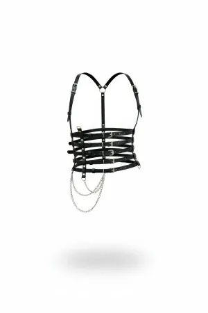 Black Women's Belt Chain Detailed Multiple Buckle Corset - APFT626