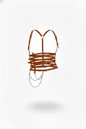 Tan Faux Leather Body Harness for Women Multi-Buckle Straps Silver Chains