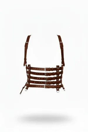 Brown Faux Leather Caged Underbust Harness with Adjustable Shoulder Straps and Silver Buckles