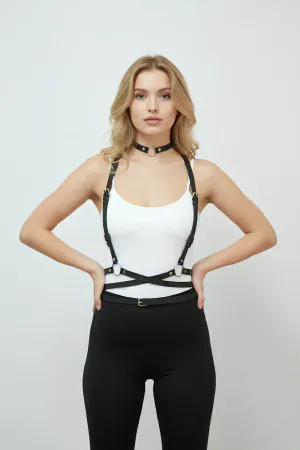 Black Faux Leather Body Harness with Choker Set O-Ring Detail Adjustable