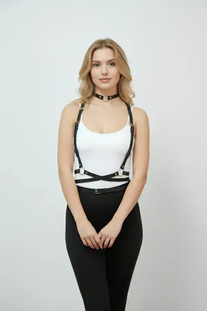 Black Faux Leather Body Harness with Choker Set O-Ring Detail Adjustable