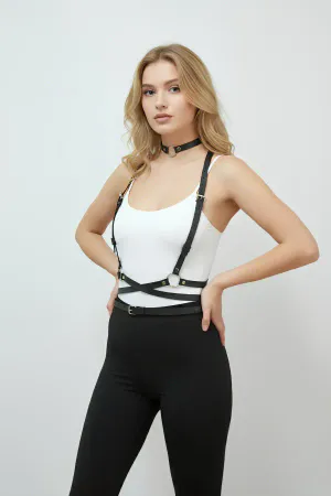 Black Faux Leather Body Harness with Choker Set O-Ring Detail Adjustable