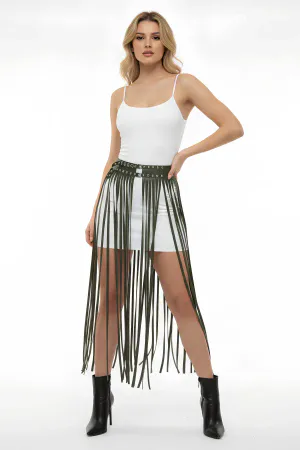 Khaki Skirt Long Tasseled Faux Leather Skirt Studded Detailed Skirt - APFT637