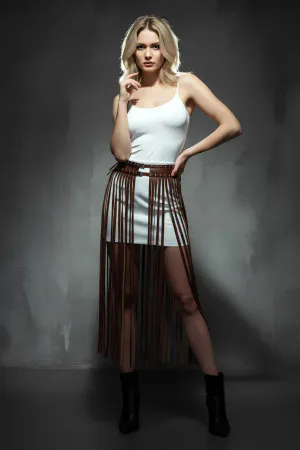 Brown Skirt with Long Tassels and Studded Detail with Buckle - APFT637