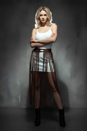 Brown Skirt with Long Tassels and Studded Detail with Buckle - APFT637