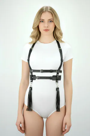 Black Faux Leather Body Harness Women Detachable Tassels Front View