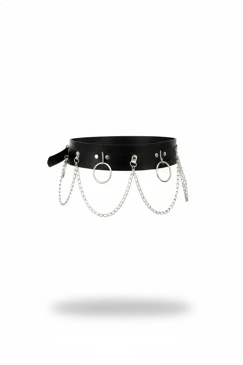 Black Faux Leather Wide Waist Belt with Draped Silver O-Ring Chains