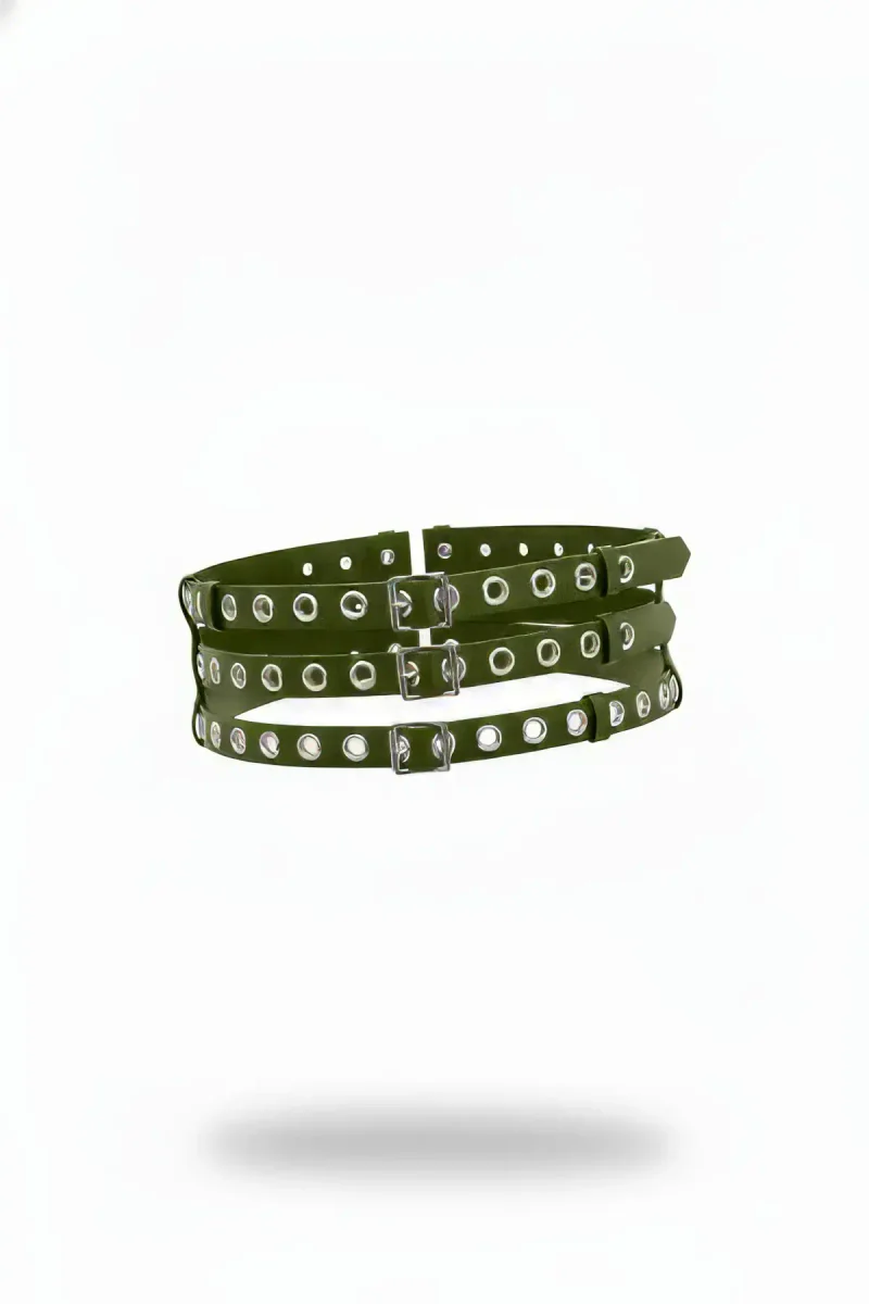Olive Green Faux Leather Triple Strap Eyelet Waist Harness Belt with Silver Buckles