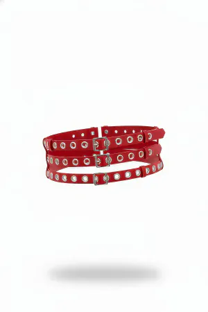 Red Triple Strap Garter Belt with Buckles and Eyelets