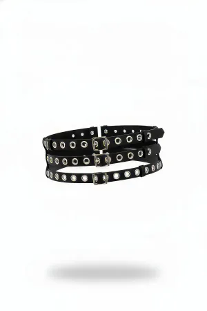 Black Faux Leather Triple-Strap Waist Harness with Silver Eyelets and Buckles for Women