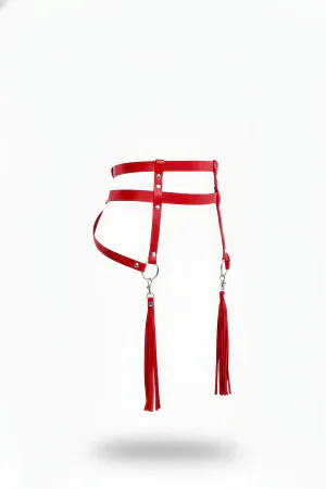 Red Faux Leather Waist Harness with Double Straps and Dangling Tassels