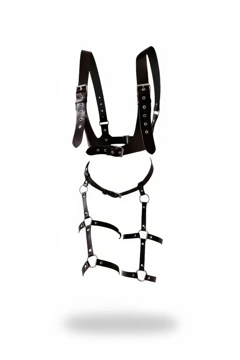Black Faux Leather Full Body Harness with Adjustable Leg Straps and O-Rings