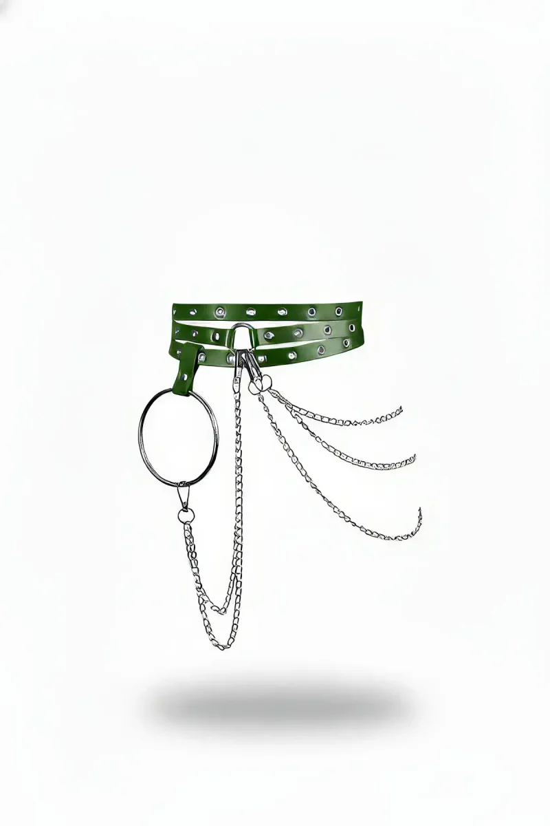 Olive Green Faux Leather Waist Harness with Silver O-Ring and Cascading Chains