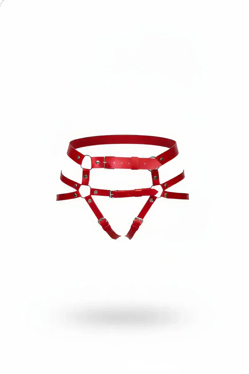 Red Faux Leather Waist Crotch Garter Harness Silver Hardware