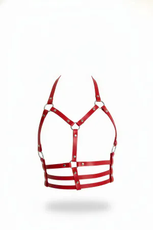 Red Faux Leather Strappy Underbust Cage Harness Silver O-Rings
