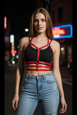 Red Women's Belt Faux Leather Body Accessory with Multiple Ring Detail - APFT760
