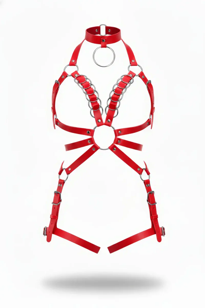 Red Faux Leather Body Harness with Silver O-Rings, Front View