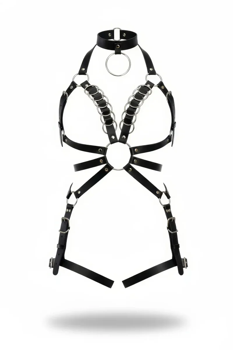 Black Faux Leather Full Body Harness Women Halter Collar O-Ring Chains