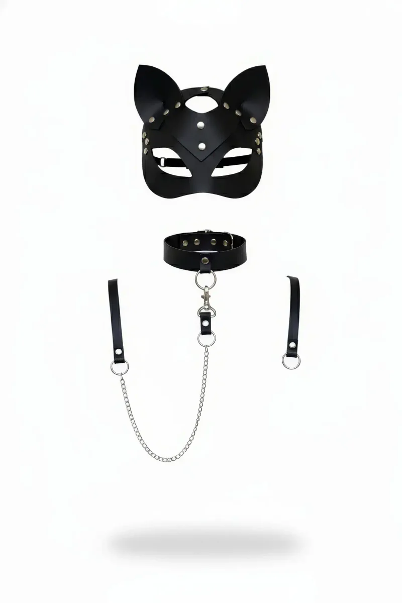 Black Vegan Leather Cat Mask Collar Harness Set Detachable Chain