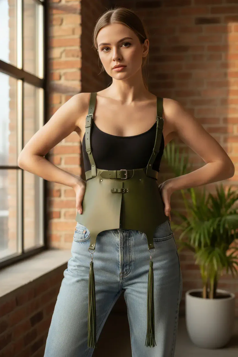 Khaki Women's Belt Tassel Detailed Wide Corset Belt - APFT787