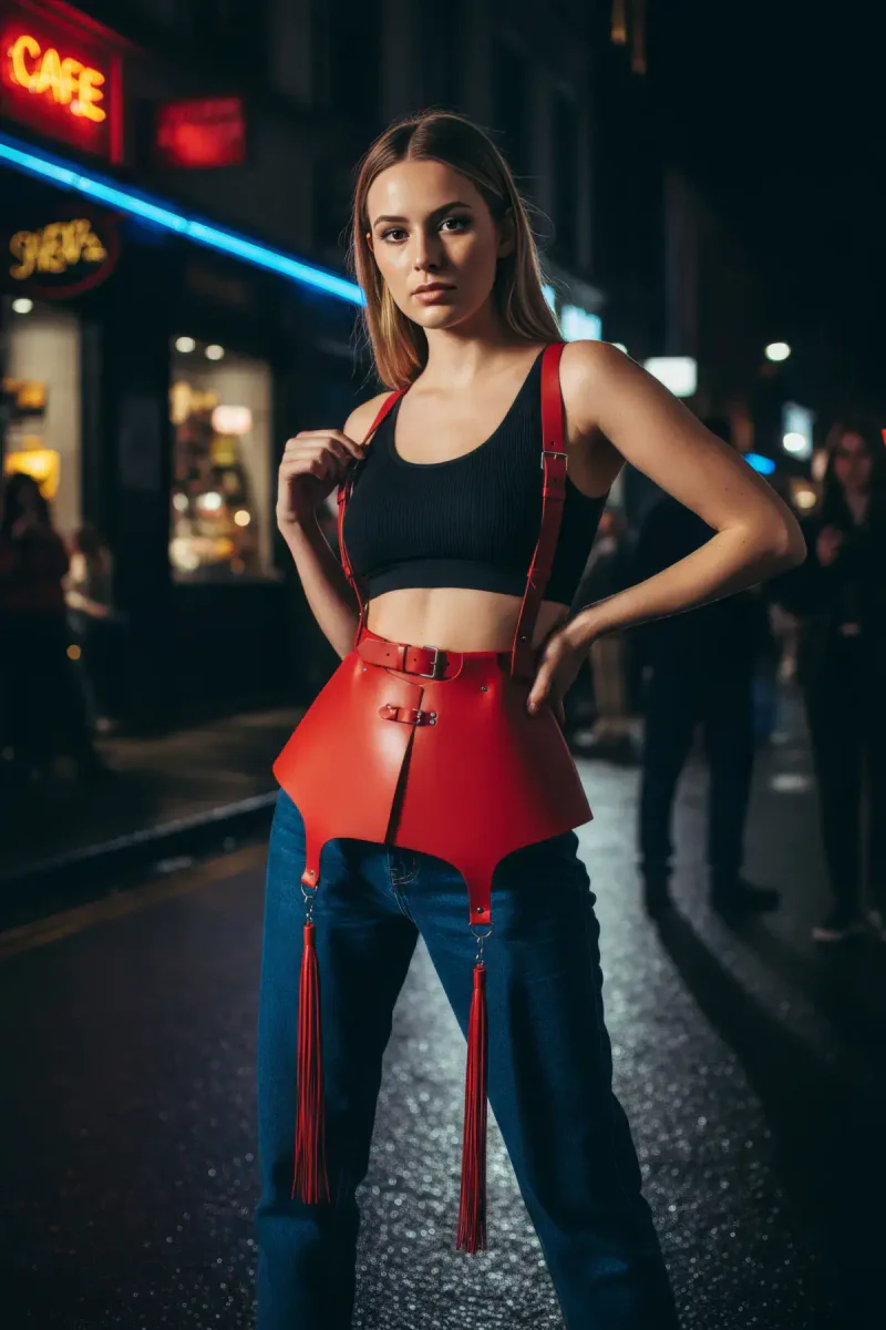 Red Women's Belt with Wide Leather Corset Detail - APFT787