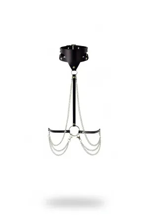 Black Faux Leather Collar Body Harness with Cascading Silver Chains