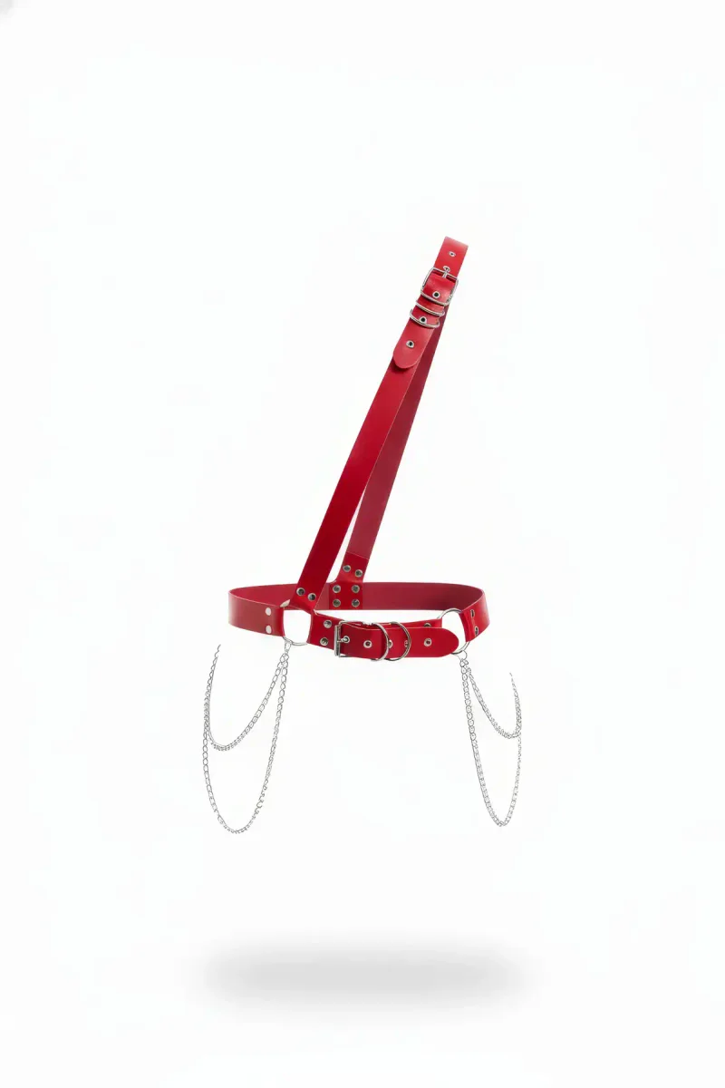 Red Faux Leather Waist Harness Women Draped Chains Single Shoulder Strap