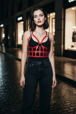 Red Women's Belt Leather Cage Detailed Body Accessory - APFT819