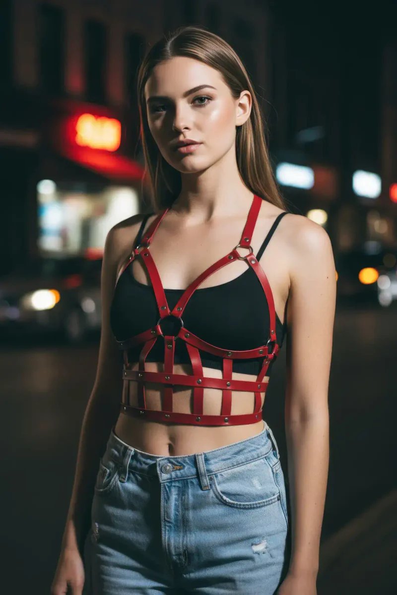 Red Women's Belt Leather Cage Detailed Body Accessory - APFT819