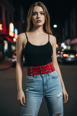 Red Women's Belt Thick Three-Buckle Waist Accessory - APFT827