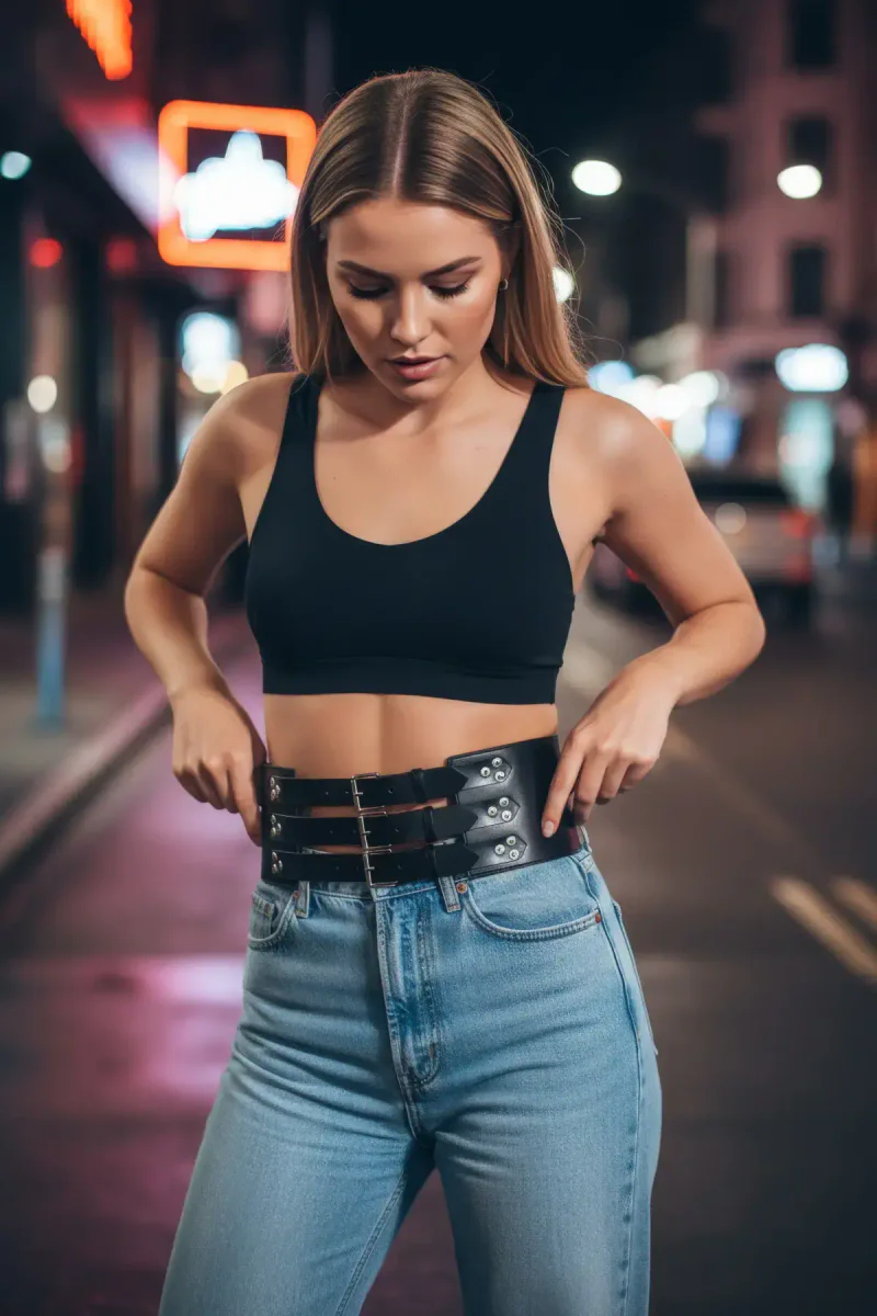 Black triple buckle waist cincher front view