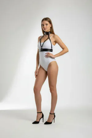 Black Women's Belt Leather Body Accessory with Ring Detail - APFT841