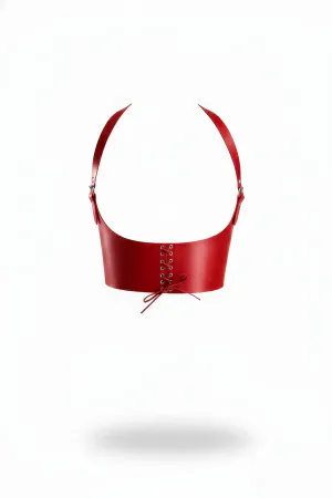 Red Faux Leather Underbust Harness Wide Band Lace-Up Back Adjustable Shoulder Straps