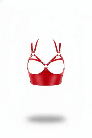 Red Faux Leather Open Cup Bustier Harness with Silver O-Rings and Studs