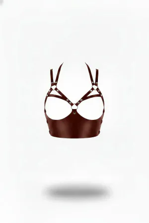 Claret Red Faux Leather Underbust Harness Bra Strappy Design Silver O-Rings and Rivets