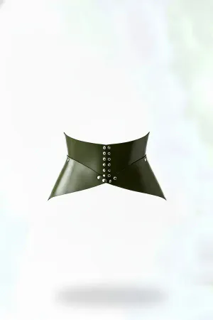 Khaki Faux Leather Waist Harness Corset Belt with Silver Stud Details and Wide Front