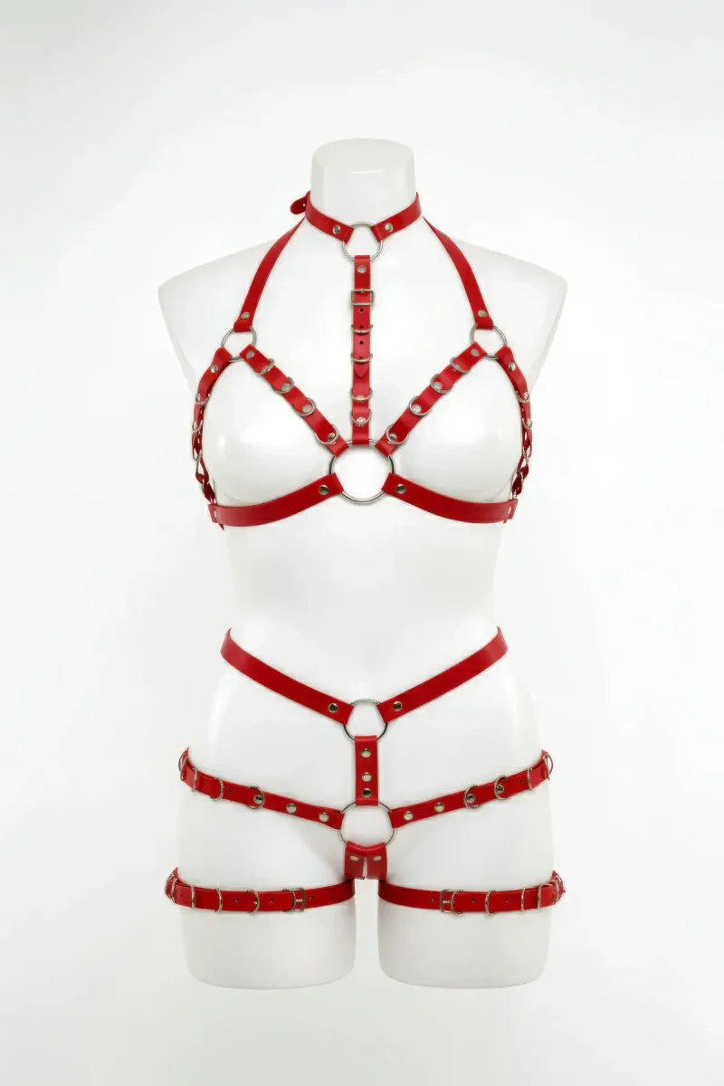 Red Faux Leather Full Body Harness Women Silver O-Rings
