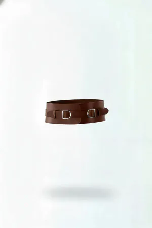 Brown Faux Leather Wide Waist Harness with Double D-Buckle Front View