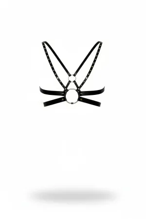Black Faux Leather Studded Chest Harness with Large O-Ring and Adjustable Straps