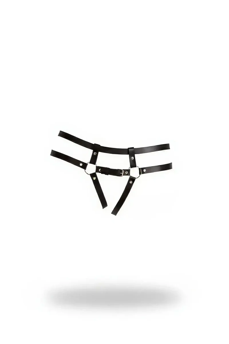 Black Faux Leather Thong Harness Adjustable Waist Straps Silver Hardware