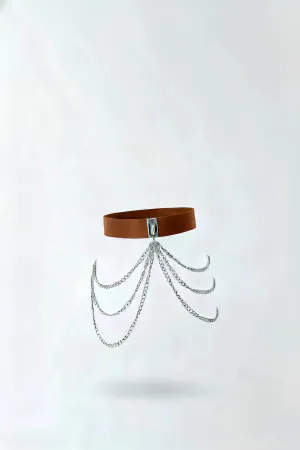 Tan Faux Leather Waist Belt with Cascading Silver Chains Accessory
