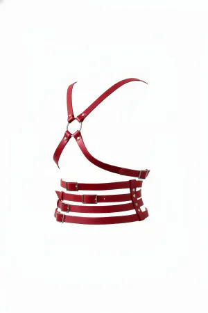 Red Faux Leather Body Harness with Silver O-Ring Chest and Adjustable Three-Strap Waist